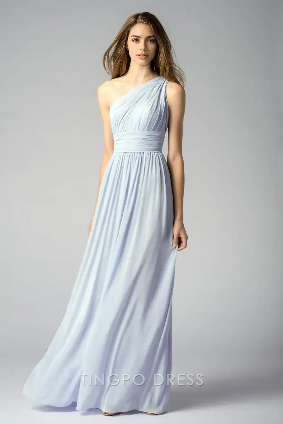TingPo Wholesale Elegant Light Purple One - Shoulder Dress - Ruched Waist Maxi Evening Gown